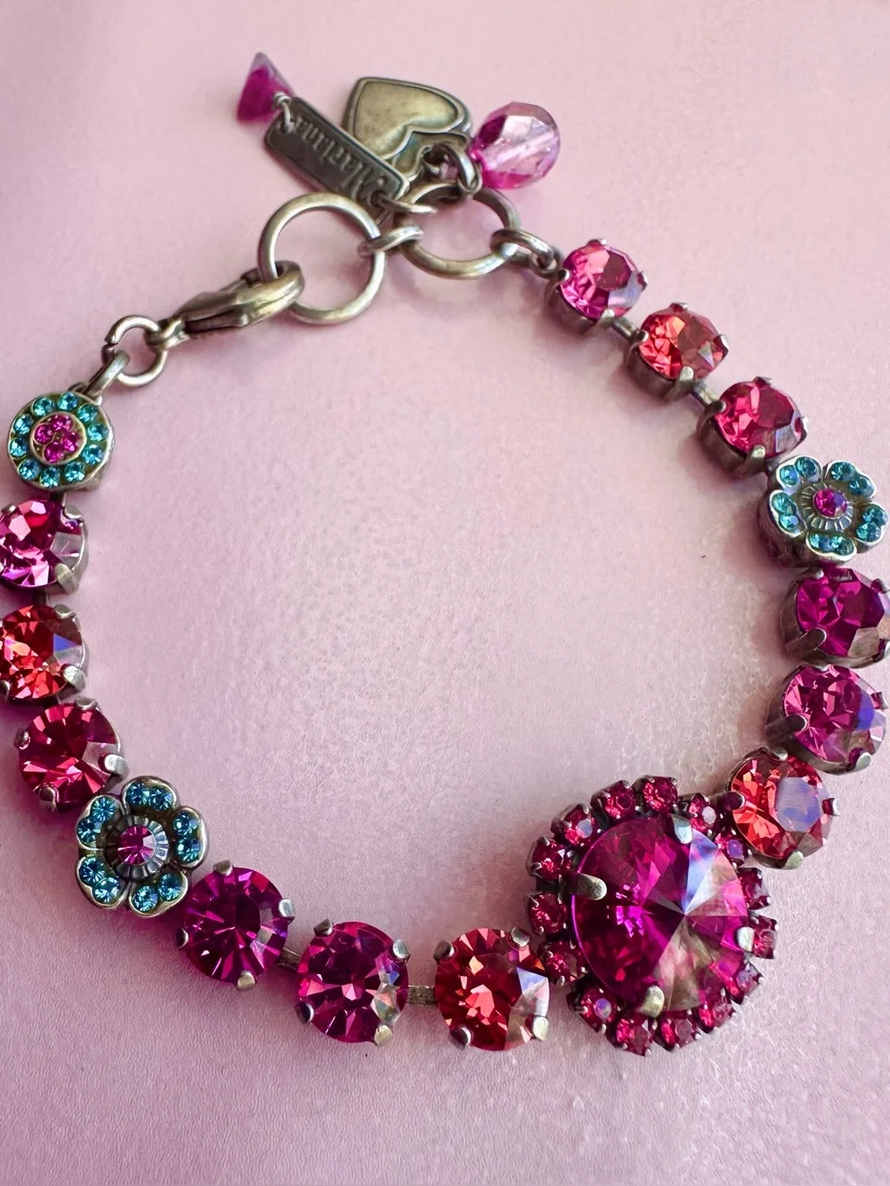 Mariana Rivoli Center Pink Crystal Bracelet with aquamarine flower clusters